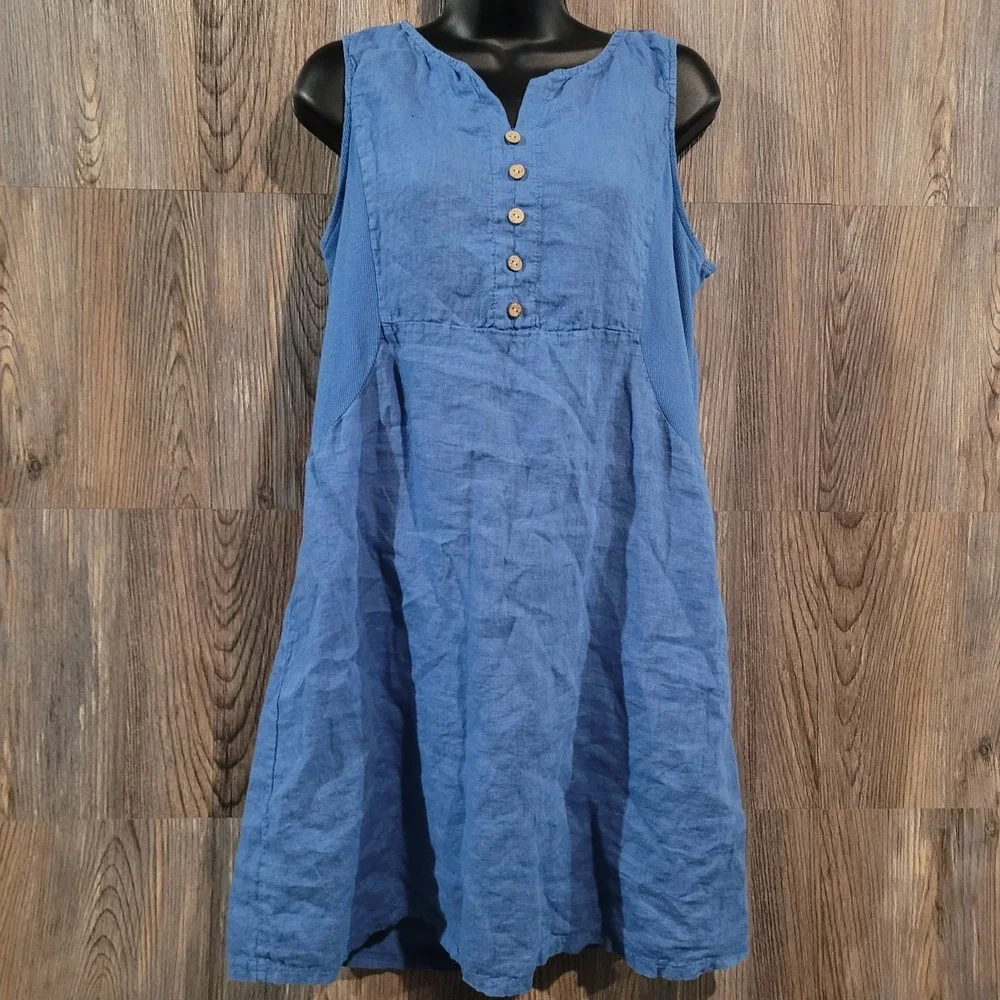 Terzo Millennio Linen Sundress Sz M Blue Sleeveless Button Accent Beach Coastal